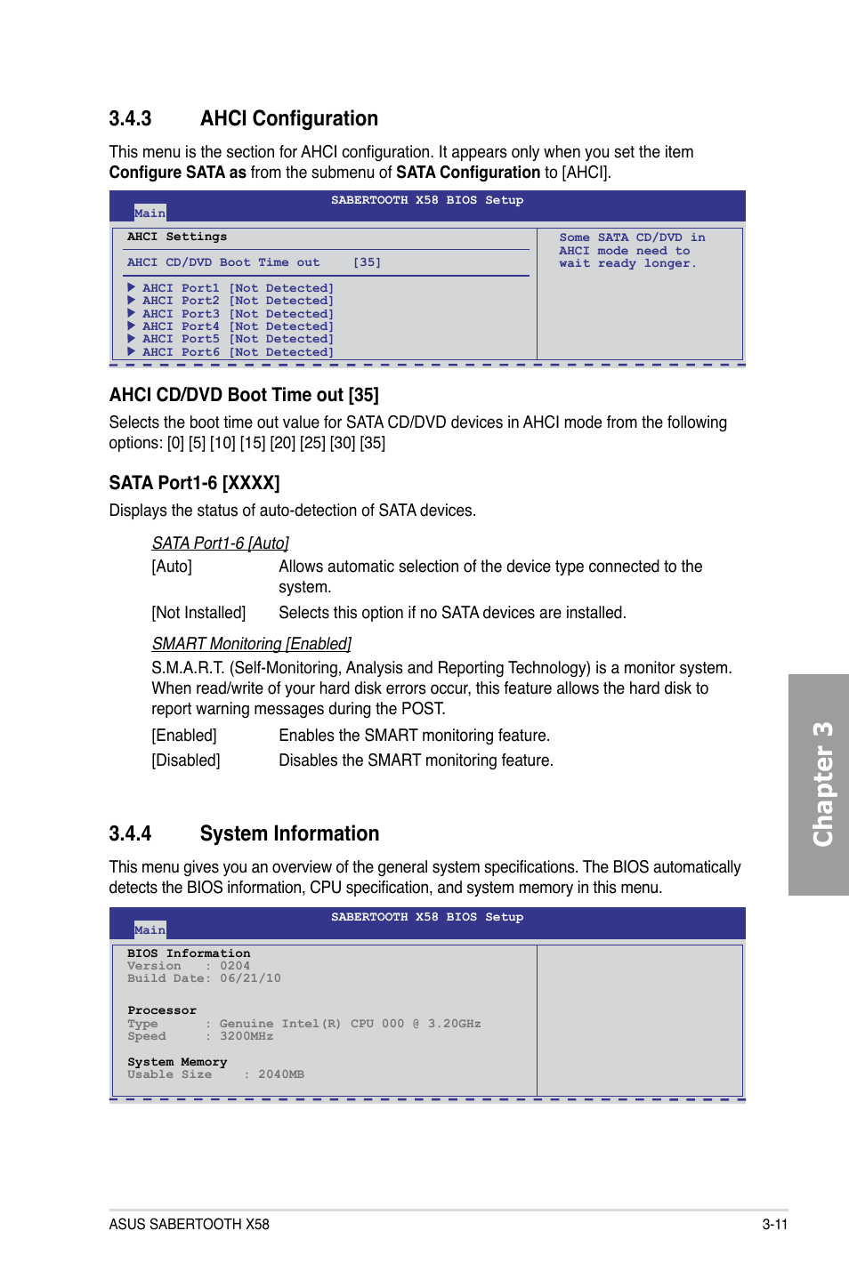 3 ahci configuration, 4 system information, Ahci configuration -11 | System information -11, Chapter 3, Ahci cd/dvd boot time out [35 | Asus Sabertooth X58 User Manual | Page 69 / 128