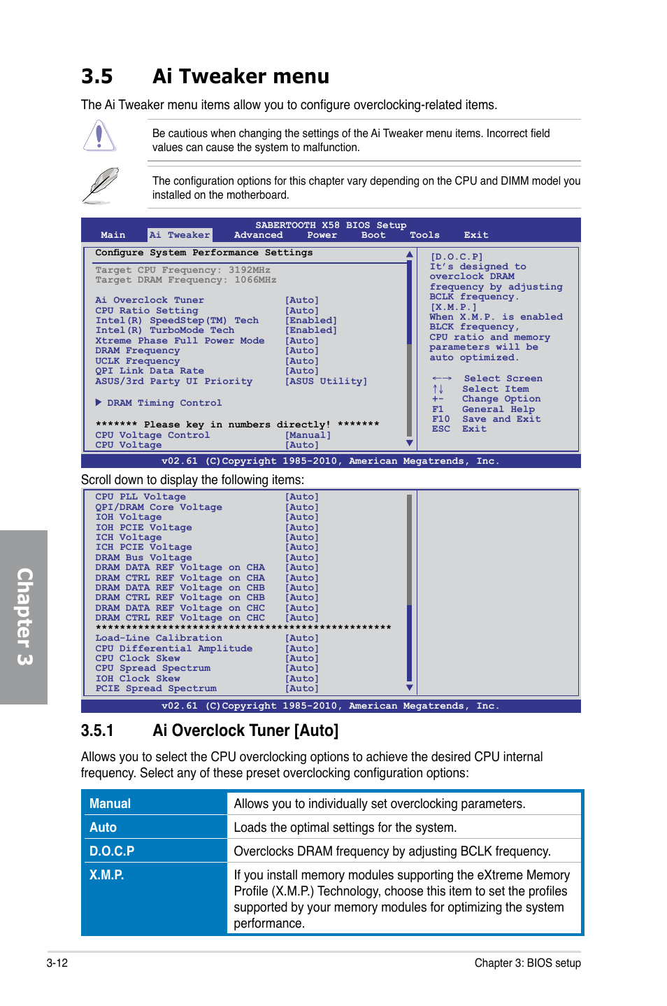 5 ai tweaker menu, 1 ai overclock tuner [auto, Ai tweaker menu -12 3.5.1 | Ai overclock tuner -12, Chapter 3, Scroll down to display the following items | Asus Sabertooth X58 User Manual | Page 70 / 128