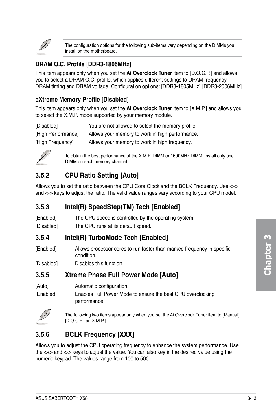 2 cpu ratio setting [auto, 3 intel(r) speedstep(tm) tech [enabled, 4 intel(r) turbomode tech [enabled | 5 xtreme phase full power mode [auto, 6 bclk frequency [xxx, Cpu ratio setting -13, Intel(r) speedstep(tm) tech -13, Intel(r) turbomode tech -13, Xtreme phase full power mode -13, Bclk frequency -13 | Asus Sabertooth X58 User Manual | Page 71 / 128