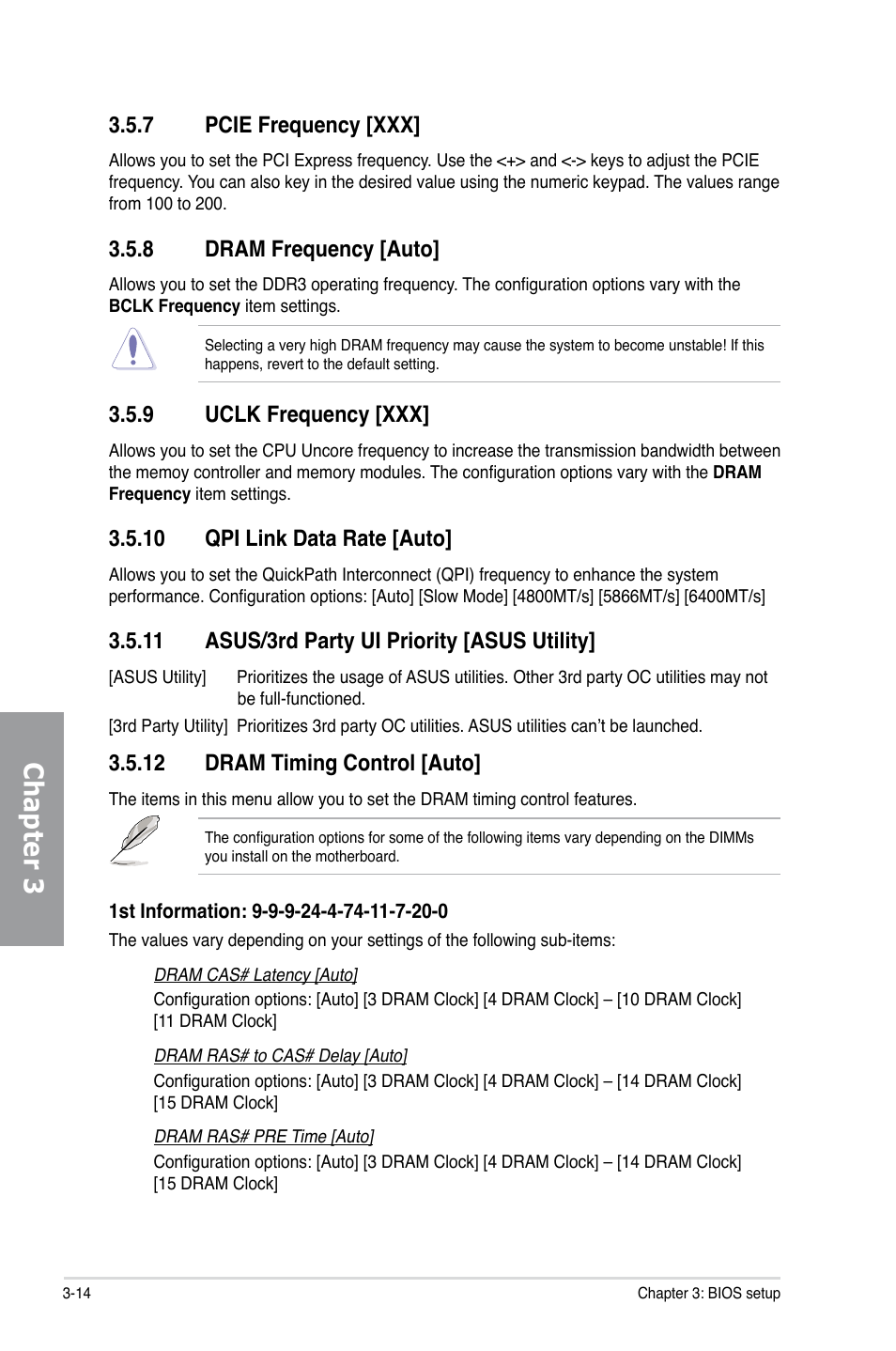 7 pcie frequency [xxx, 8 dram frequency [auto, 9 uclk frequency [xxx | 10 qpi link data rate [auto, 11 asus/3rd party ui priority [asus utility, 12 dram timing control [auto, Pcie frequency -14, Dram frequency -14, Uclk frequency -14, Qpi link data rate -14 | Asus Sabertooth X58 User Manual | Page 72 / 128