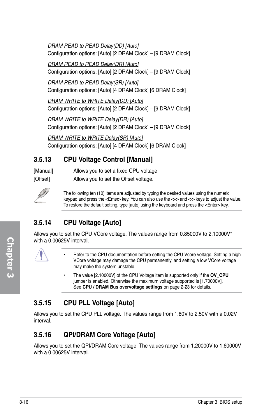 13 cpu voltage control [manual, 14 cpu voltage [auto, 15 cpu pll voltage [auto | 16 qpi/dram core voltage [auto, Cpu voltage control -16, Cpu voltage -16, Cpu pll voltage -16, Qpi/dram core voltage -16, Chapter 3 | Asus Sabertooth X58 User Manual | Page 74 / 128