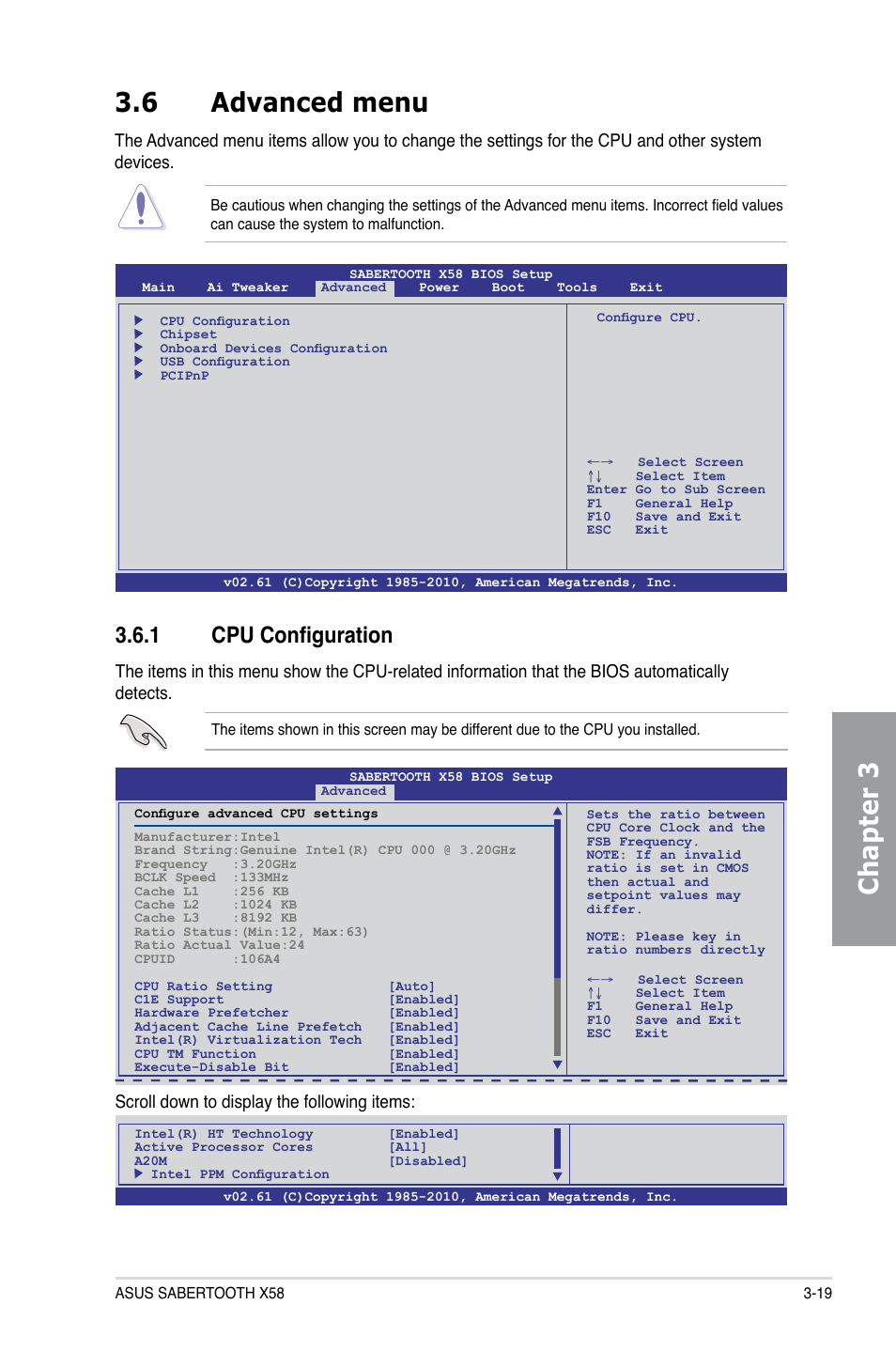 6 advanced menu, 1 cpu configuration, Advanced menu -19 3.6.1 | Cpu configuration -19, Chapter 3, Scroll down to display the following items | Asus Sabertooth X58 User Manual | Page 77 / 128