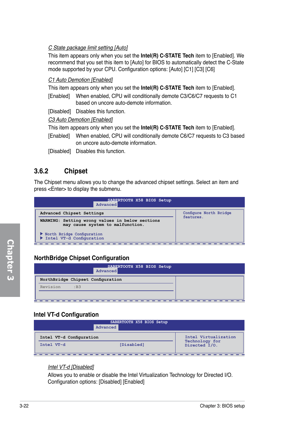 2 chipset, Chipset -22, Chapter 3 | Northbridge chipset configuration, Intel vt-d configuration | Asus Sabertooth X58 User Manual | Page 80 / 128