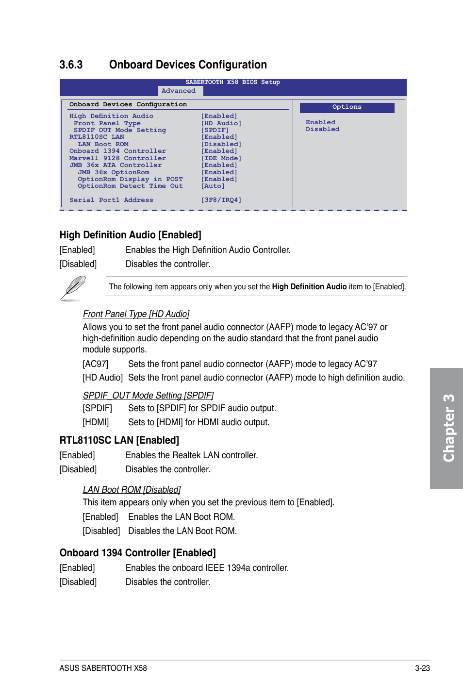 3 onboard devices configuration, Onboard devices configuration -23, Chapter 3 | High definition audio [enabled, Rtl8110sc lan [enabled, Onboard 1394 controller [enabled | Asus Sabertooth X58 User Manual | Page 81 / 128