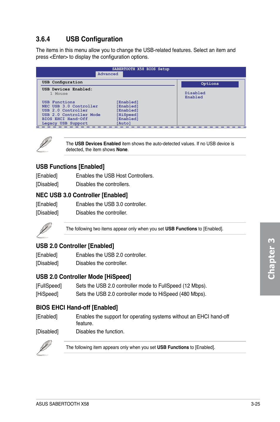 4 usb configuration, Usb configuration -25, Chapter 3 | Usb functions [enabled, Nec usb 3.0 controller [enabled, Usb 2.0 controller [enabled, Usb 2.0 controller mode [hispeed, Bios ehci hand-off [enabled | Asus Sabertooth X58 User Manual | Page 83 / 128