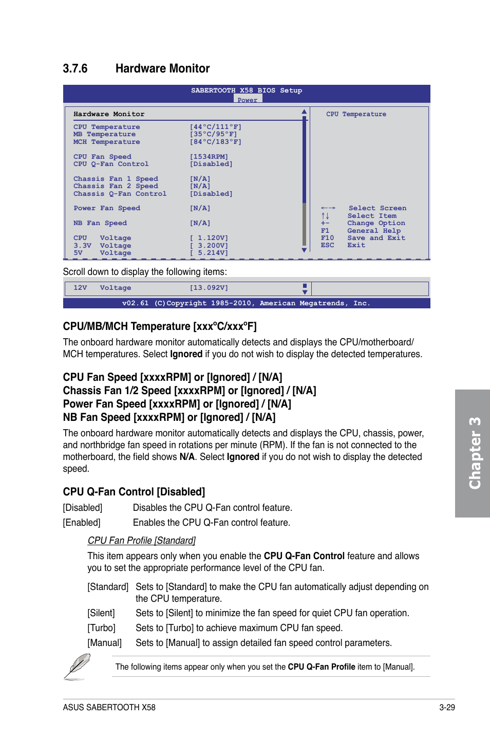 6 hardware monitor, Hardware monitor -29, Chapter 3 | Cpu/mb/mch temperature [xxxºc/xxxºf, Cpu q-fan control [disabled | Asus Sabertooth X58 User Manual | Page 87 / 128