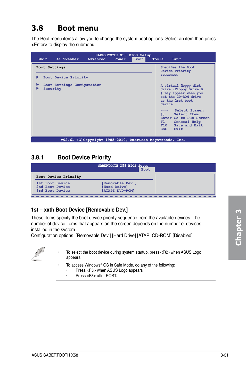 8 boot menu, 1 boot device priority, Boot menu -31 3.8.1 | Boot device priority -31, Chapter 3 3.8 boot menu, 1st – xxth boot device [removable dev | Asus Sabertooth X58 User Manual | Page 89 / 128