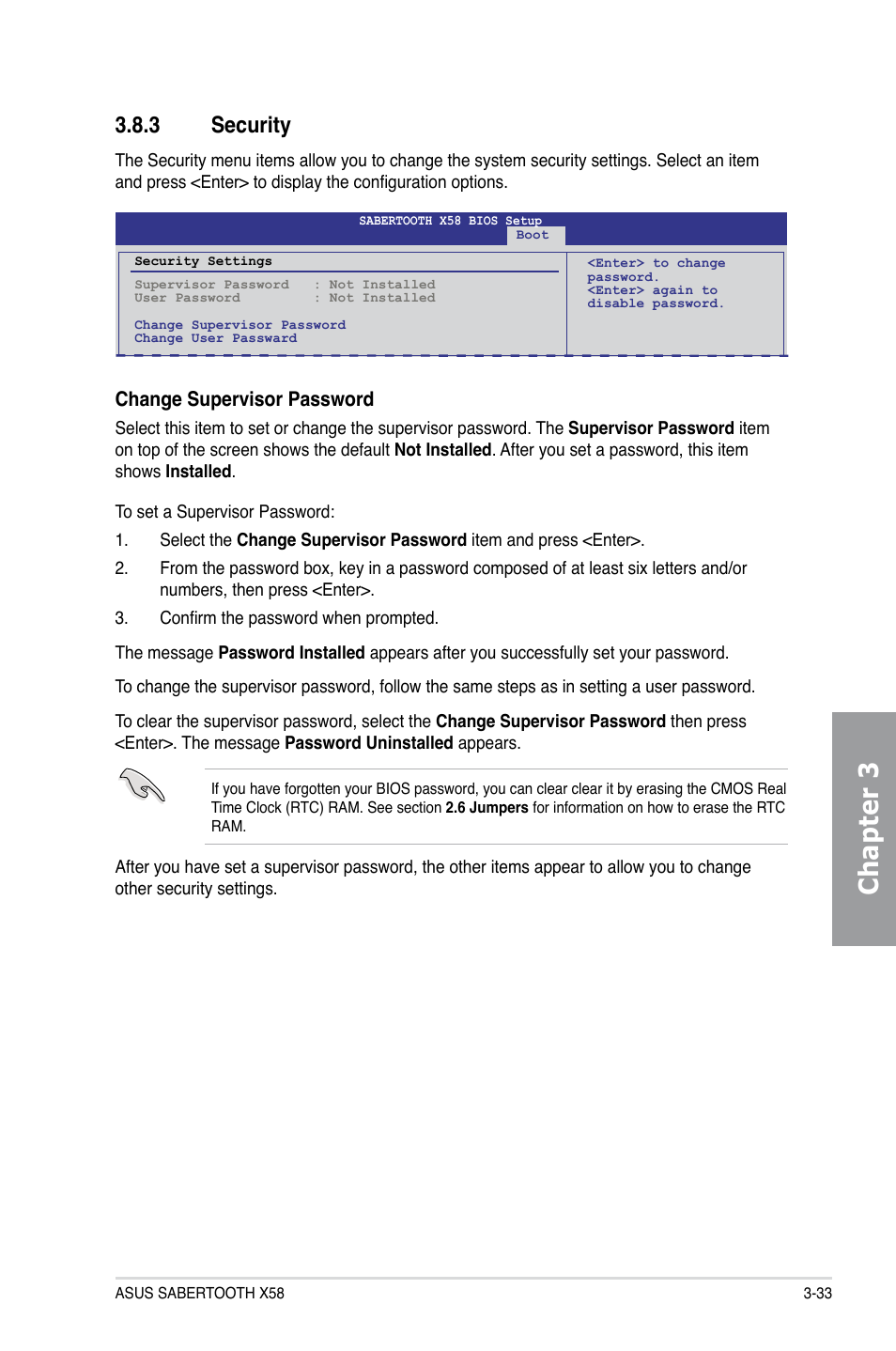 3 security, Security -33, Chapter 3 | Change supervisor password | Asus Sabertooth X58 User Manual | Page 91 / 128