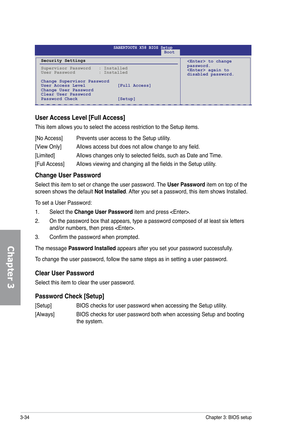 Chapter 3, User access level [full access, Change user password | Clear user password, Password check [setup | Asus Sabertooth X58 User Manual | Page 92 / 128