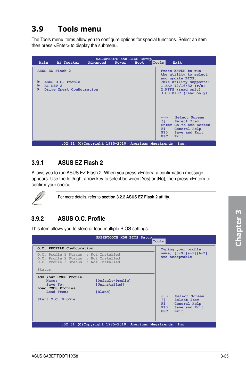 9 tools menu, 1 asus ez flash 2, 2 asus o.c. profile | Tools menu -35 3.9.1, Asus ez flash 2 -35, Asus o.c. profile -35, Chapter 3 3.9 tools menu | Asus Sabertooth X58 User Manual | Page 93 / 128