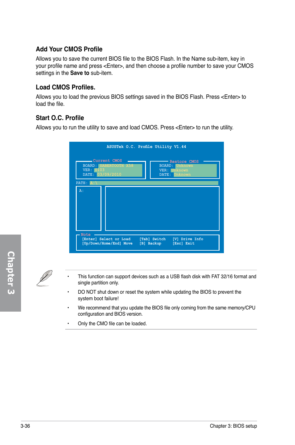 Chapter 3, Add your cmos profile, Load cmos profiles | Start o.c. profile | Asus Sabertooth X58 User Manual | Page 94 / 128