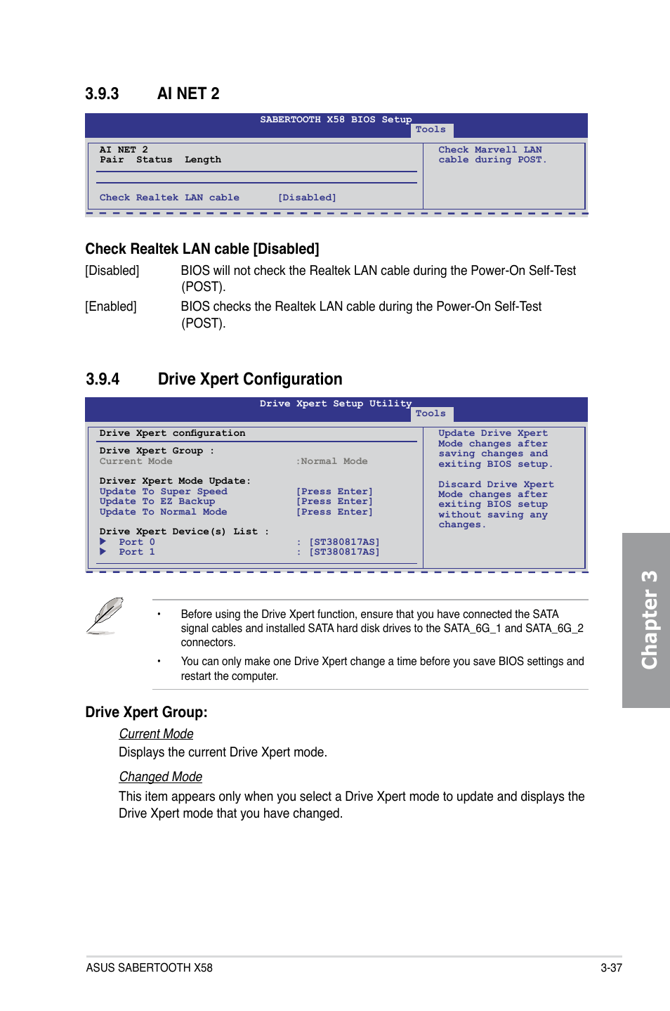 3 ai net 2, 4 drive xpert configuration, Ai net 2 -37 | Drive xpert configuration -37, Chapter 3, Check realtek lan cable [disabled, Drive xpert group | Asus Sabertooth X58 User Manual | Page 95 / 128