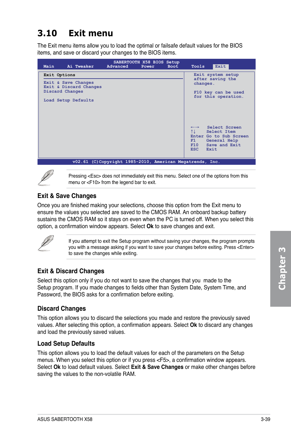 10 exit menu, Exit menu -39, Chapter 3 3.10 exit menu | Exit & save changes, Exit & discard changes, Discard changes, Load setup defaults | Asus Sabertooth X58 User Manual | Page 97 / 128