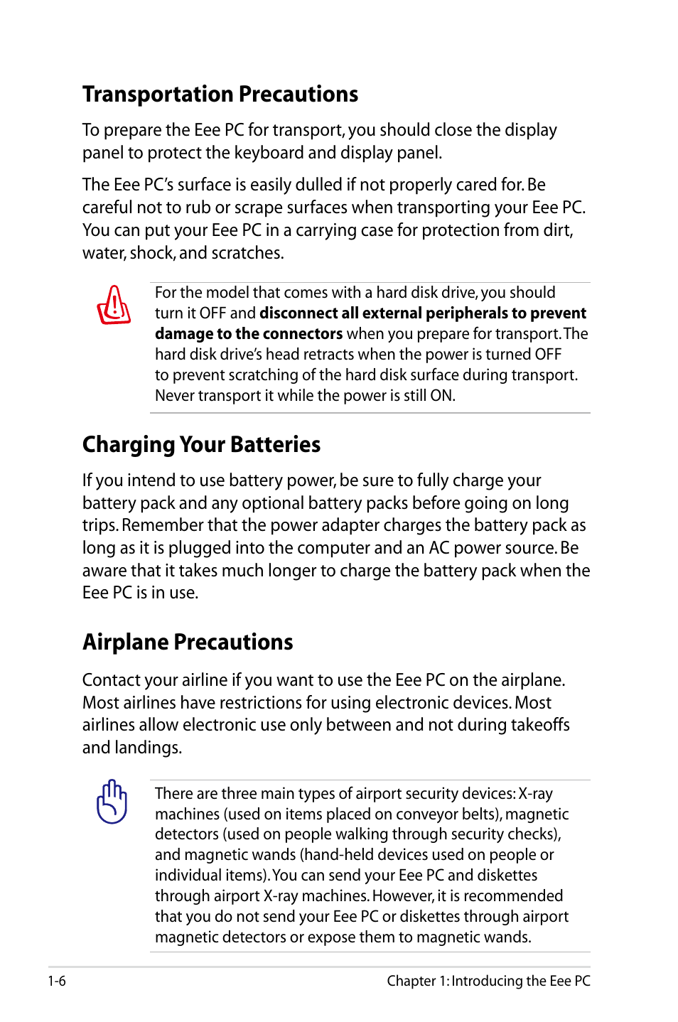 Transportation precautions, Charging your batteries, Airplane precautions | Asus Eee PC 904HA/XP User Manual | Page 10 / 84