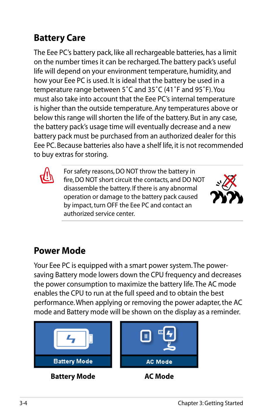 Battery care, Power mode | Asus Eee PC 904HA/XP User Manual | Page 28 / 84