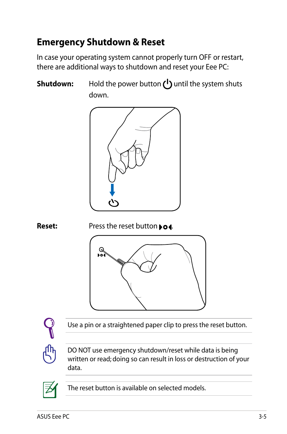 Emergency shutdown & reset | Asus Eee PC 904HA/XP User Manual | Page 29 / 84