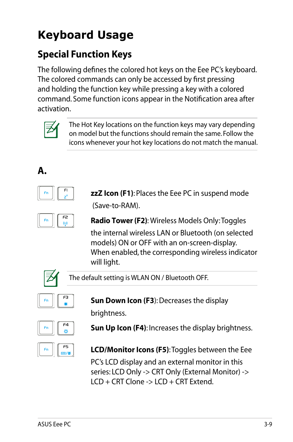 Keyboard usage, Special function keys | Asus Eee PC 904HA/XP User Manual | Page 33 / 84