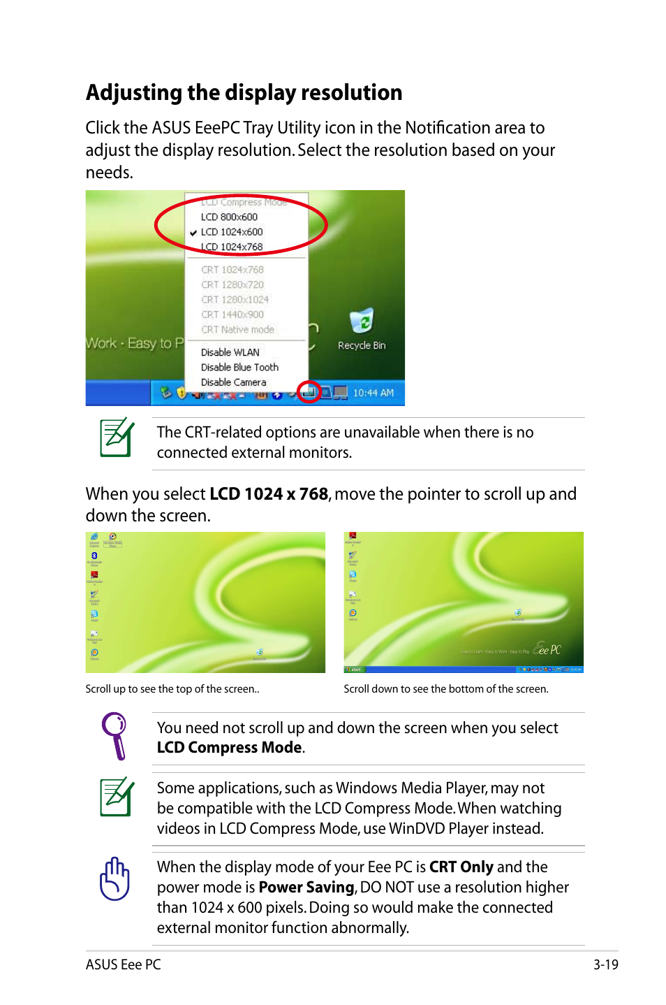 Adjusting the display resolution | Asus Eee PC 904HA/XP User Manual | Page 43 / 84