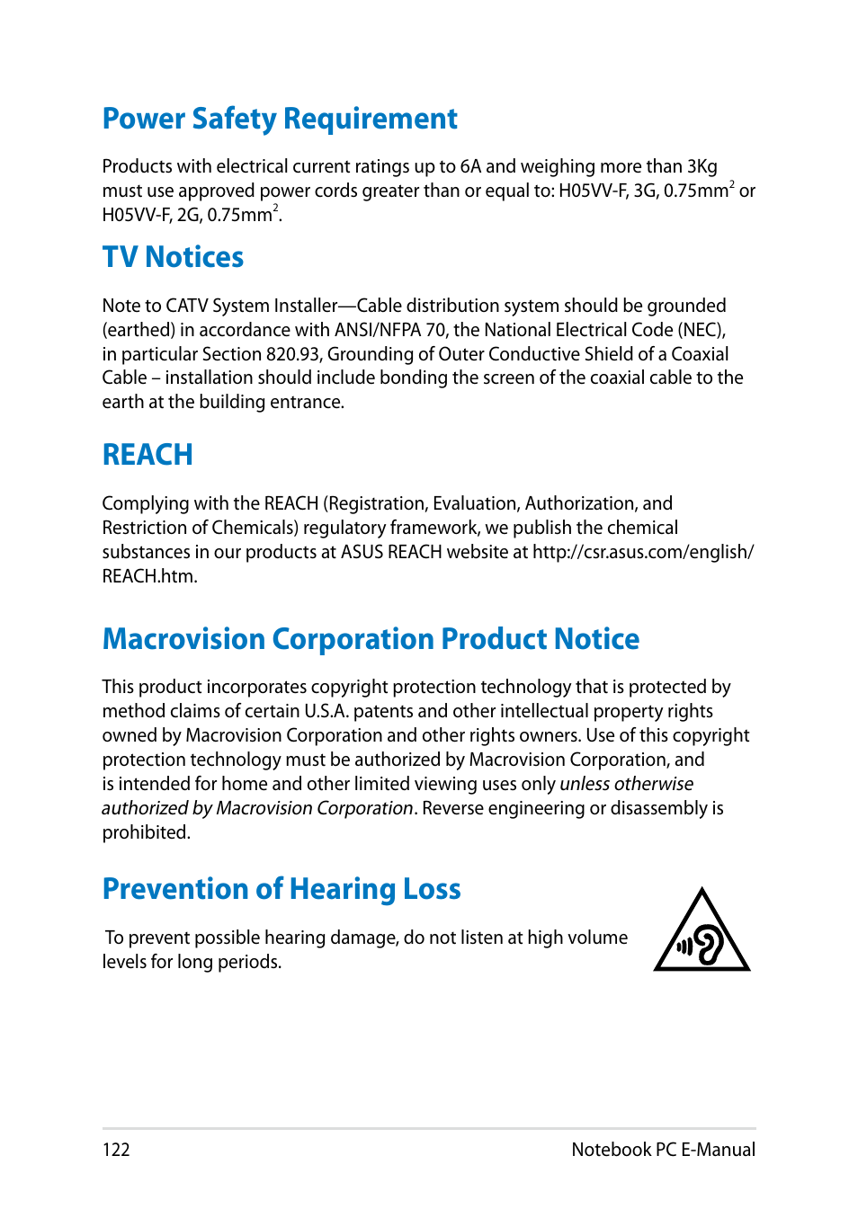 Power safety requirement, Tv notices, Reach | Macrovision corporation product notice, Prevention of hearing loss | Asus PU301LA User Manual | Page 122 / 130