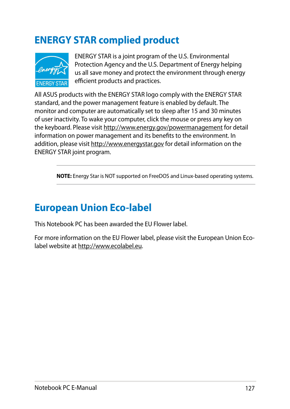 Energy star complied product, European union eco-label | Asus PU301LA User Manual | Page 127 / 130