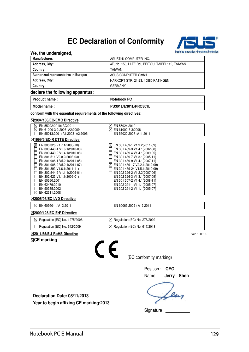 Ec declaration of conformity | Asus PU301LA User Manual | Page 129 / 130