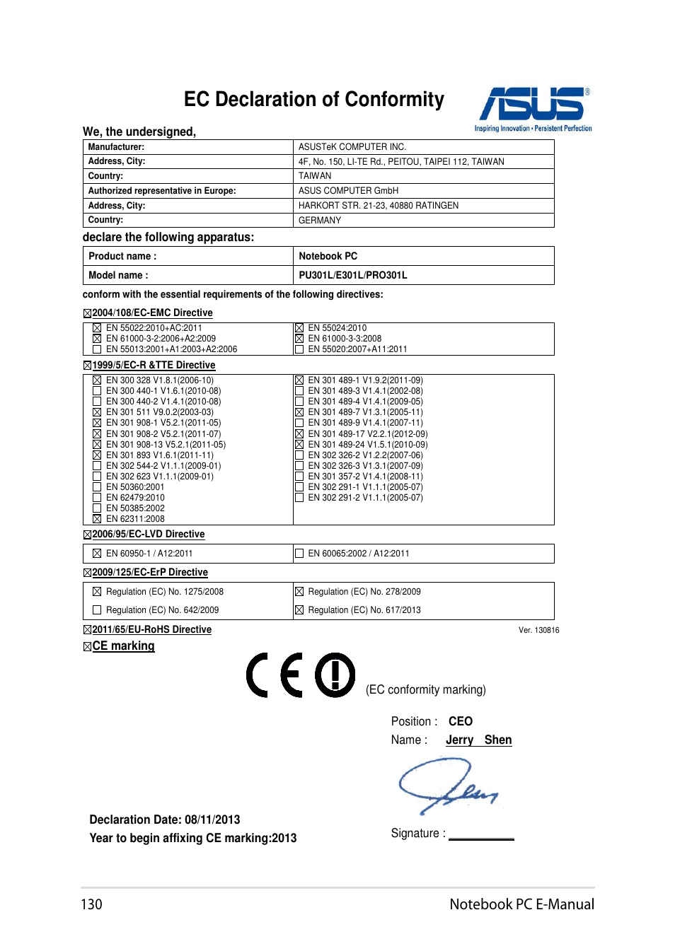 Ec declaration of conformity | Asus PU301LA User Manual | Page 130 / 130