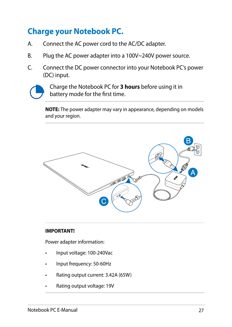 Charge your notebook pc | Asus PU301LA User Manual | Page 27 / 130