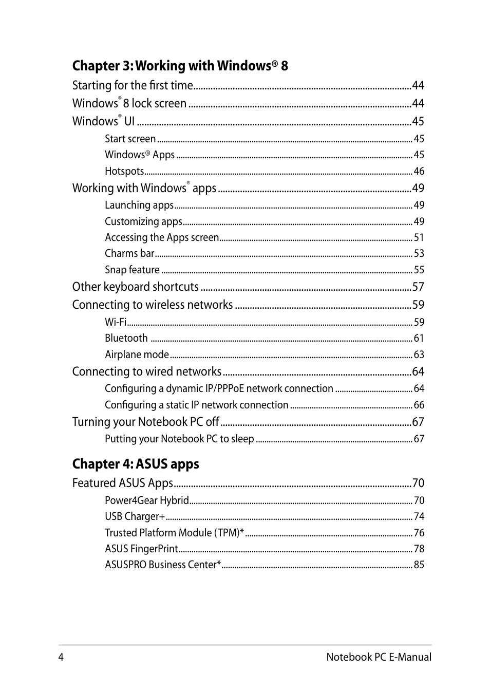 Chapter 3: working with windows® 8, Chapter 4: asus apps | Asus PU301LA User Manual | Page 4 / 130