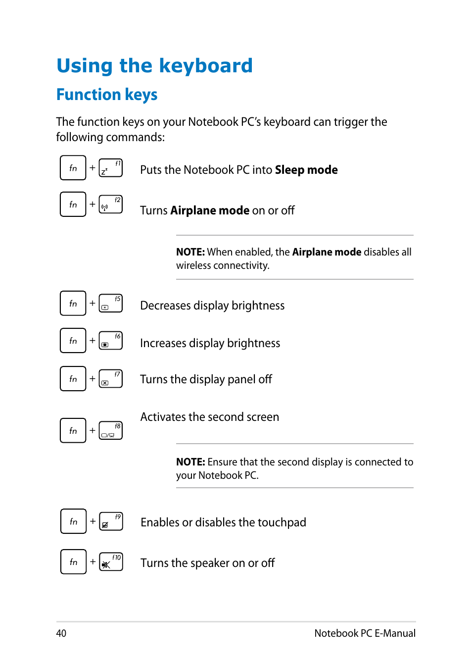 Using the keyboard, Function keys | Asus PU301LA User Manual | Page 40 / 130