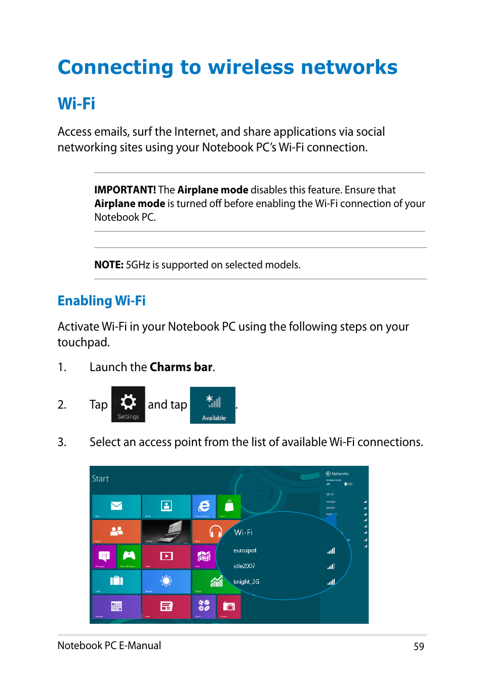 Connecting to wireless networks, Wi-fi | Asus PU301LA User Manual | Page 59 / 130