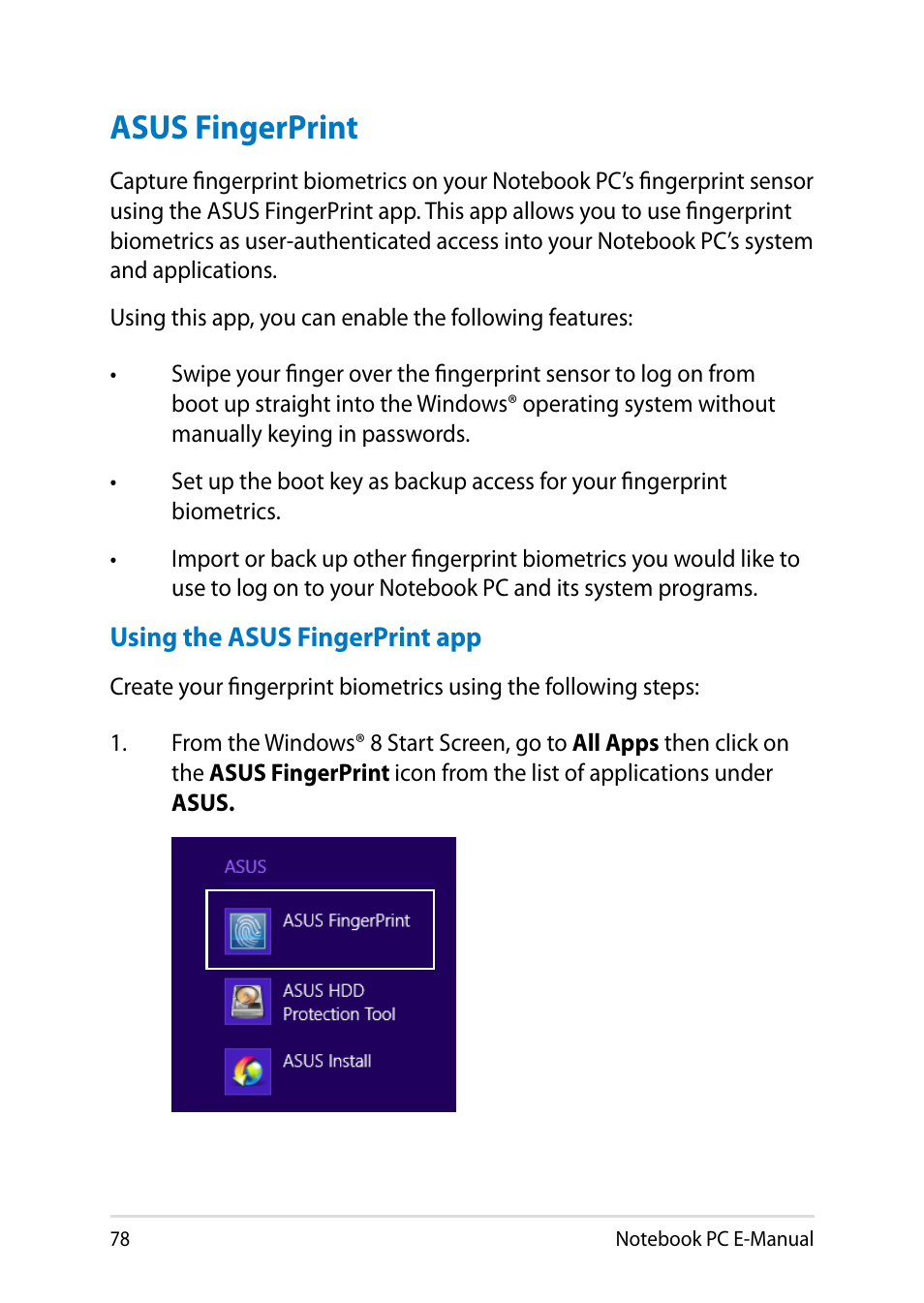 Asus fingerprint | Asus PU301LA User Manual | Page 78 / 130