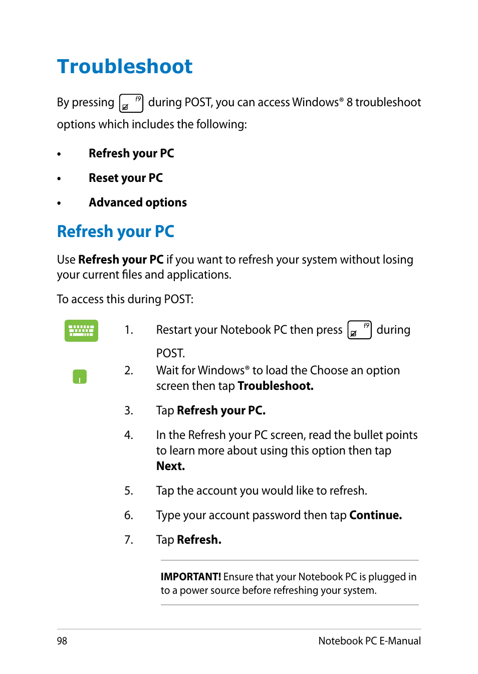 Troubleshoot, Refresh your pc | Asus PU301LA User Manual | Page 98 / 130