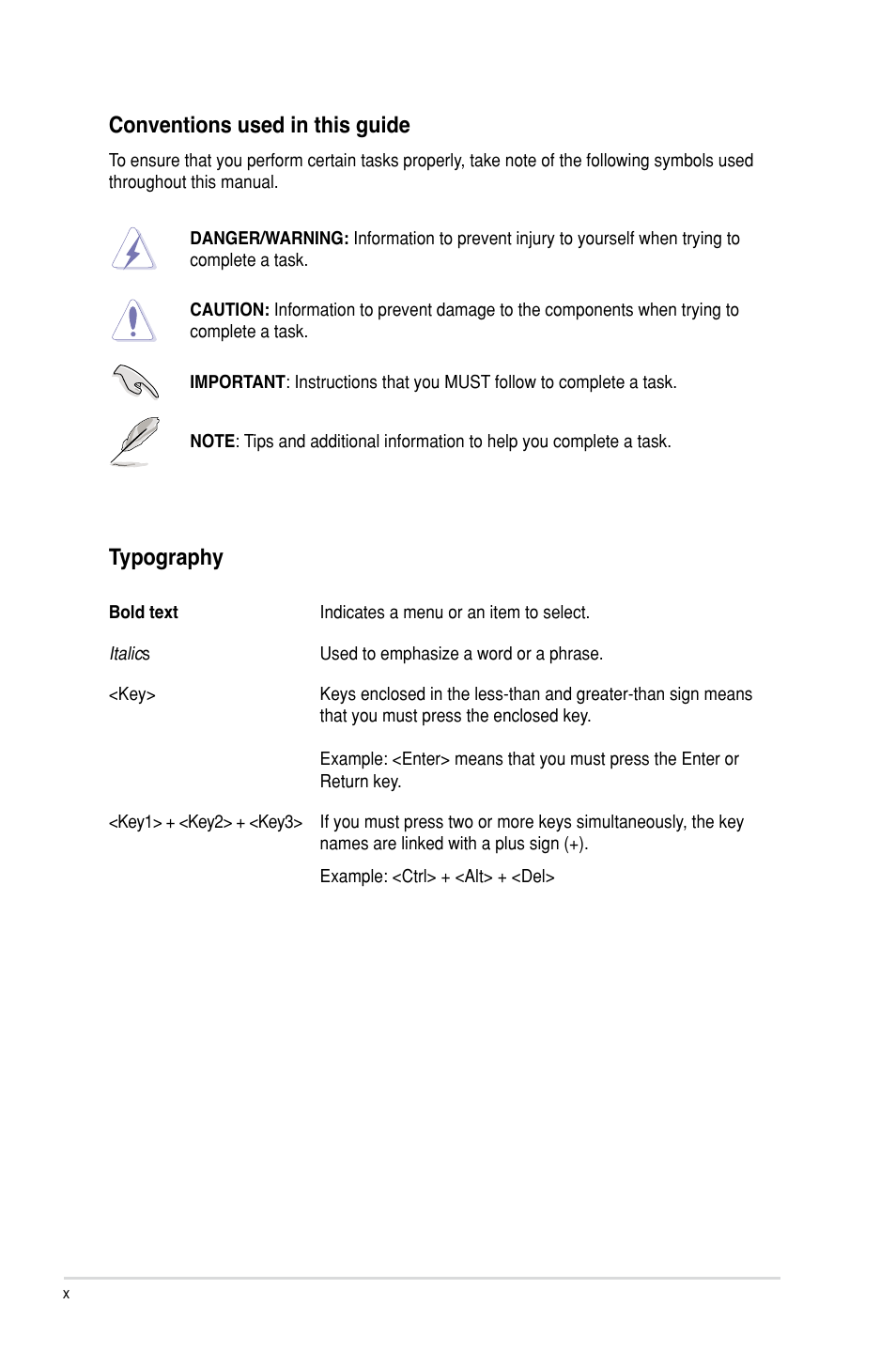 Conventions used in this guide, Typography | Asus P7H55-M PRO User Manual | Page 10 / 104