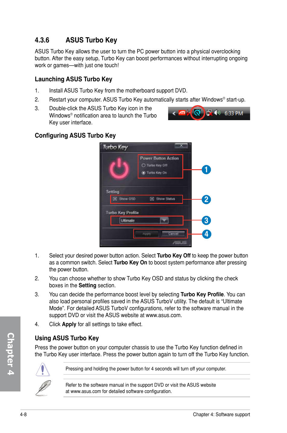 Chapter 4, 6 asus turbo key | Asus P7H55-M PRO User Manual | Page 100 / 104