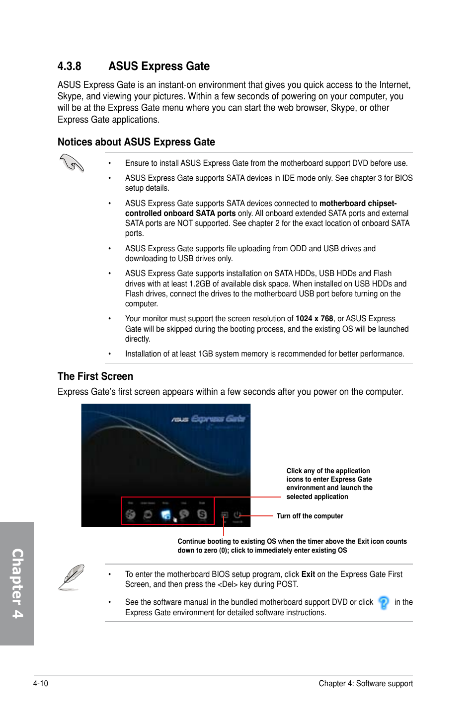 Chapter 4, 8 asus express gate, Notices about asus express gate | The first screen | Asus P7H55-M PRO User Manual | Page 102 / 104