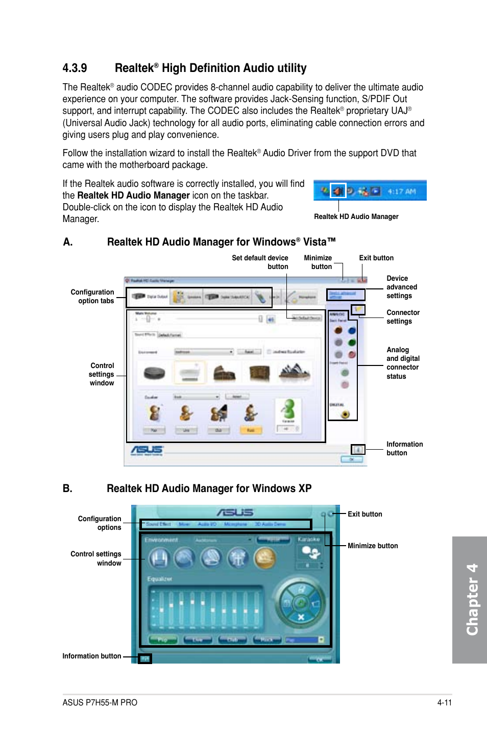 Chapter 4, 9 realtek, High definition audio utility | A. realtek hd audio manager for windows, Vista, B. realtek hd audio manager for windows xp | Asus P7H55-M PRO User Manual | Page 103 / 104