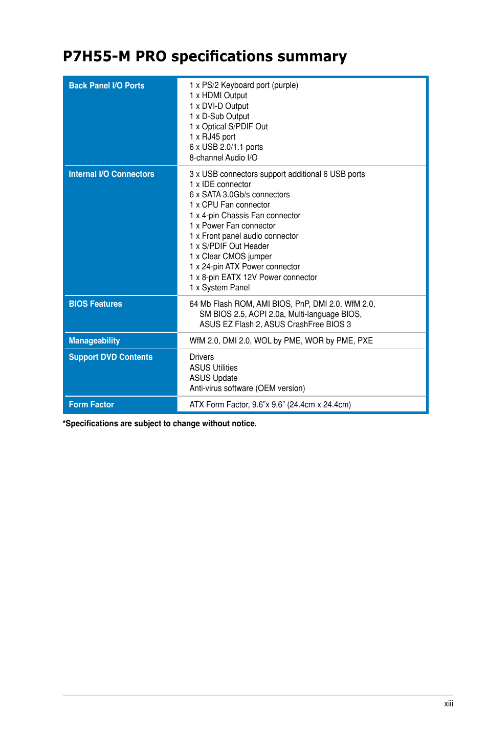 P7h55-m pro specifications summary | Asus P7H55-M PRO User Manual | Page 13 / 104