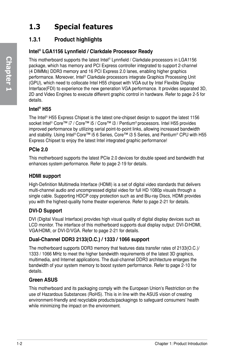 Chapter 1 1.3 special features, 1 product highlights | Asus P7H55-M PRO User Manual | Page 16 / 104