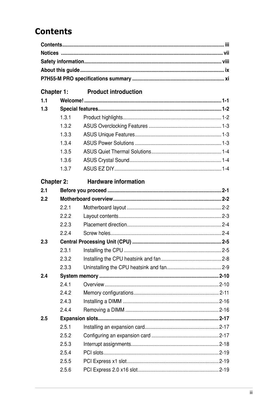 Asus P7H55-M PRO User Manual | Page 3 / 104
