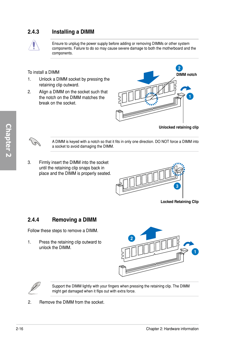 Chapter 2, 4 removing a dimm, 3 installing a dimm | Asus P7H55-M PRO User Manual | Page 36 / 104