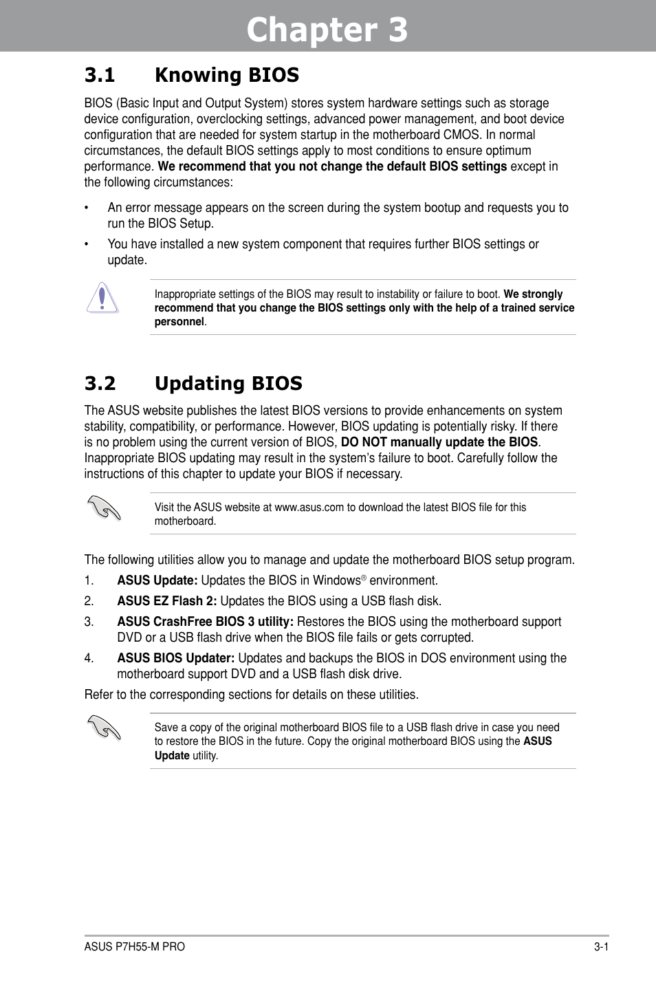 Chapter 3, 1 knowing bios, 2 updating bios | Asus P7H55-M PRO User Manual | Page 55 / 104