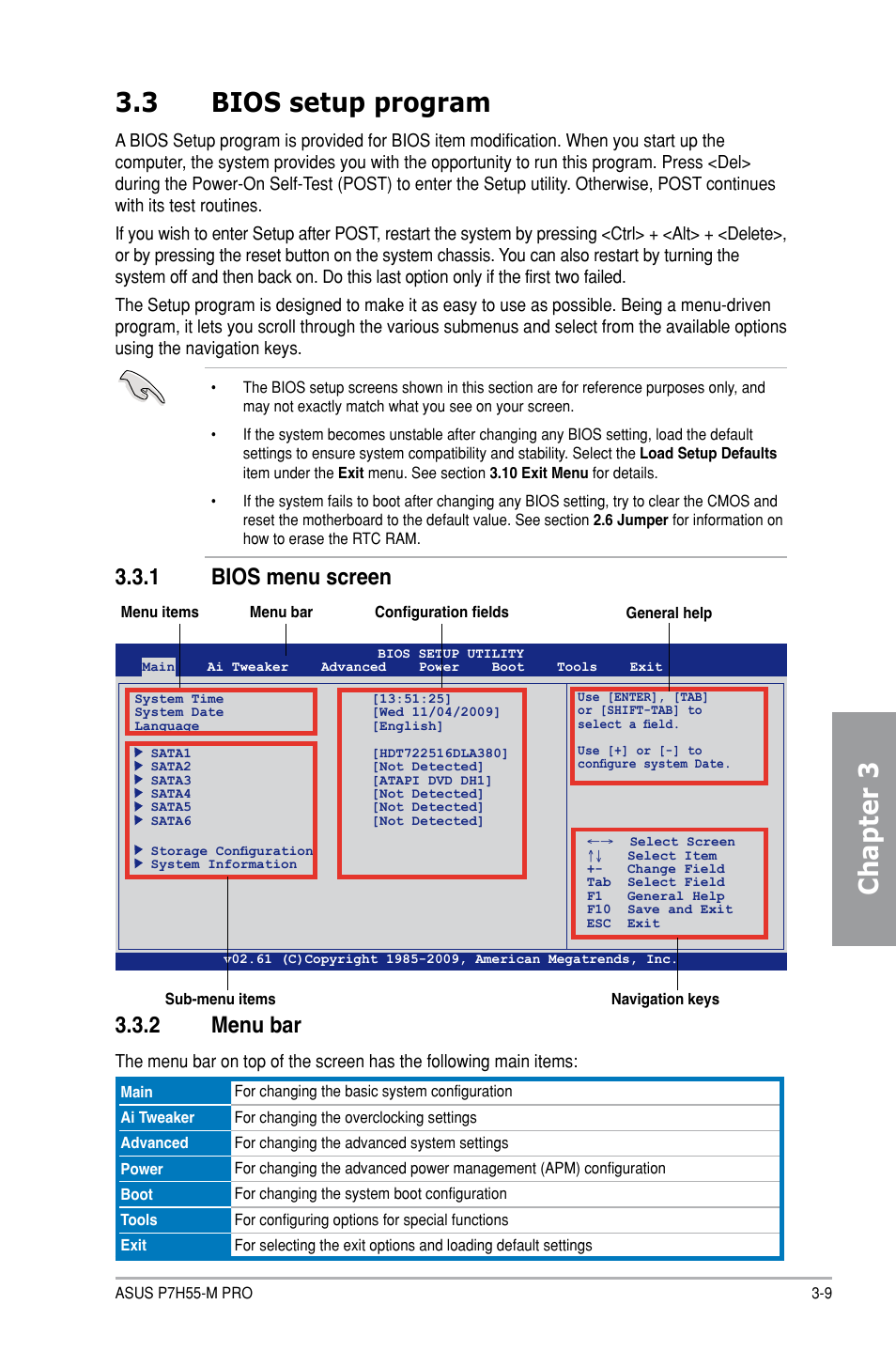 Chapter 3 3.3 bios setup program, 1 bios menu screen 3.3.2 menu bar | Asus P7H55-M PRO User Manual | Page 63 / 104