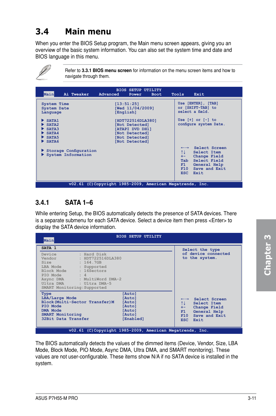 Chapter 3 3.4 main menu, 1 sata 1–6 | Asus P7H55-M PRO User Manual | Page 65 / 104
