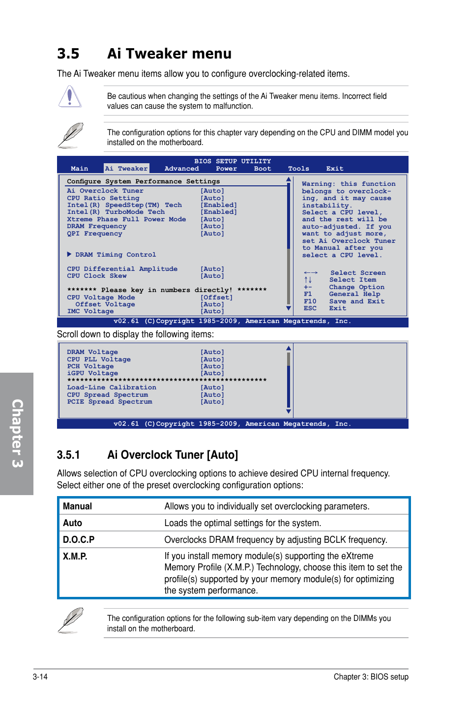 Chapter 3 3.5 ai tweaker menu, 1 ai overclock tuner [auto, Scroll down to display the following items | Asus P7H55-M PRO User Manual | Page 68 / 104