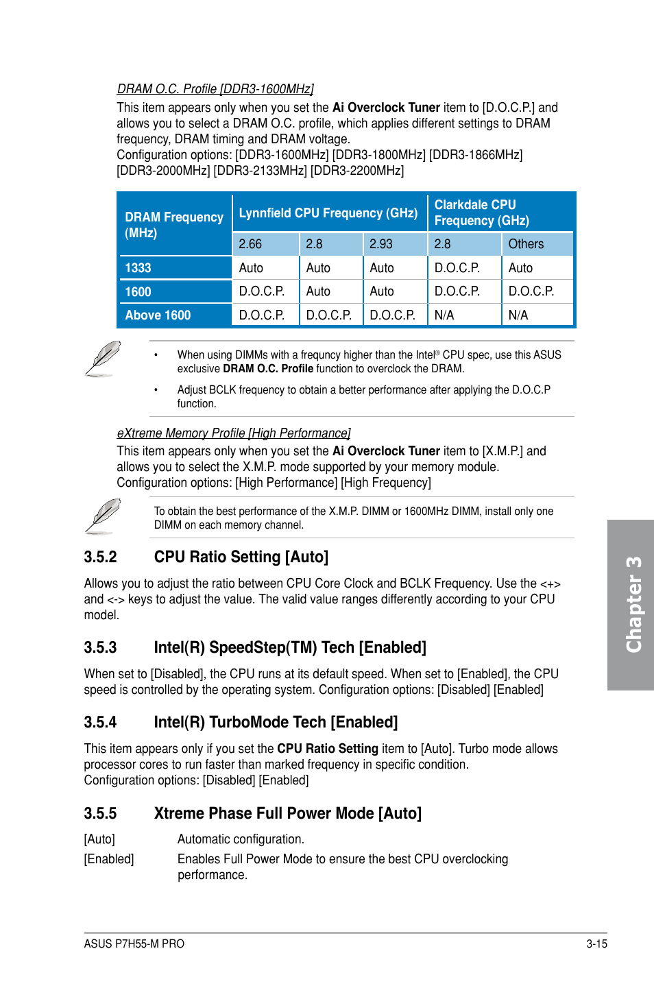 Chapter 3, 2 cpu ratio setting [auto, 3 intel(r) speedstep(tm) tech [enabled | 4 intel(r) turbomode tech [enabled, 5 xtreme phase full power mode [auto | Asus P7H55-M PRO User Manual | Page 69 / 104