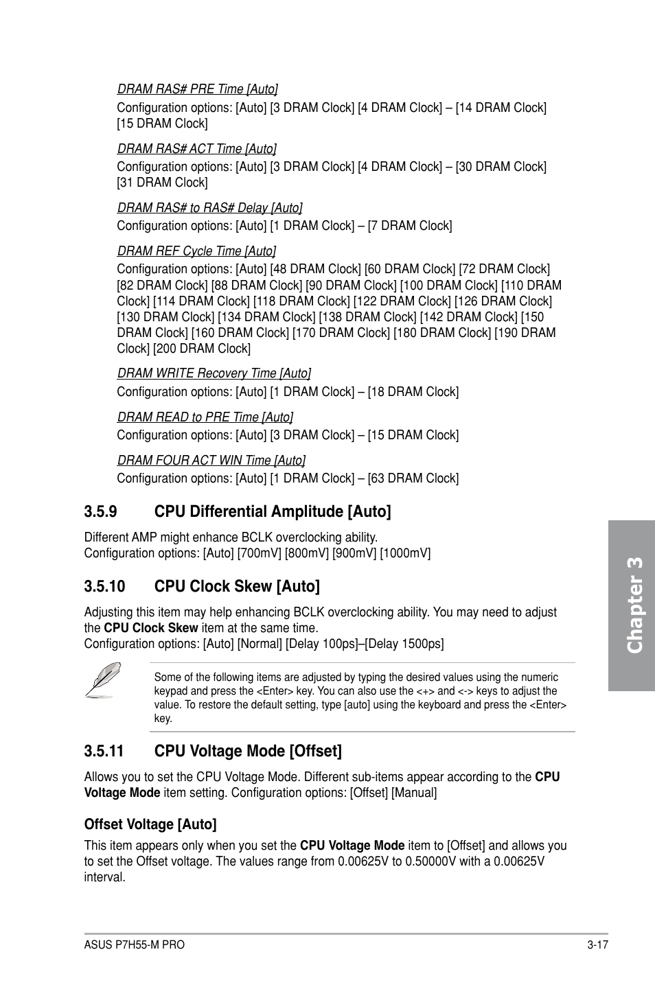 Chapter 3, 9 cpu differential amplitude [auto, 10 cpu clock skew [auto | 11 cpu voltage mode [offset | Asus P7H55-M PRO User Manual | Page 71 / 104