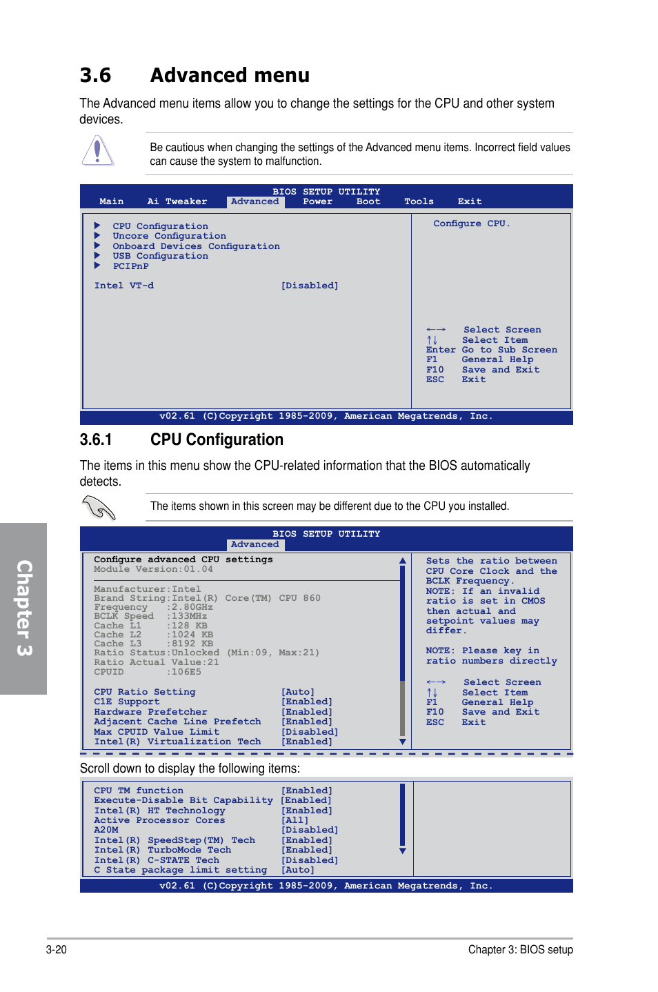 Chapter 3, 6 advanced menu, 1 cpu configuration | Scroll down to display the following items | Asus P7H55-M PRO User Manual | Page 74 / 104