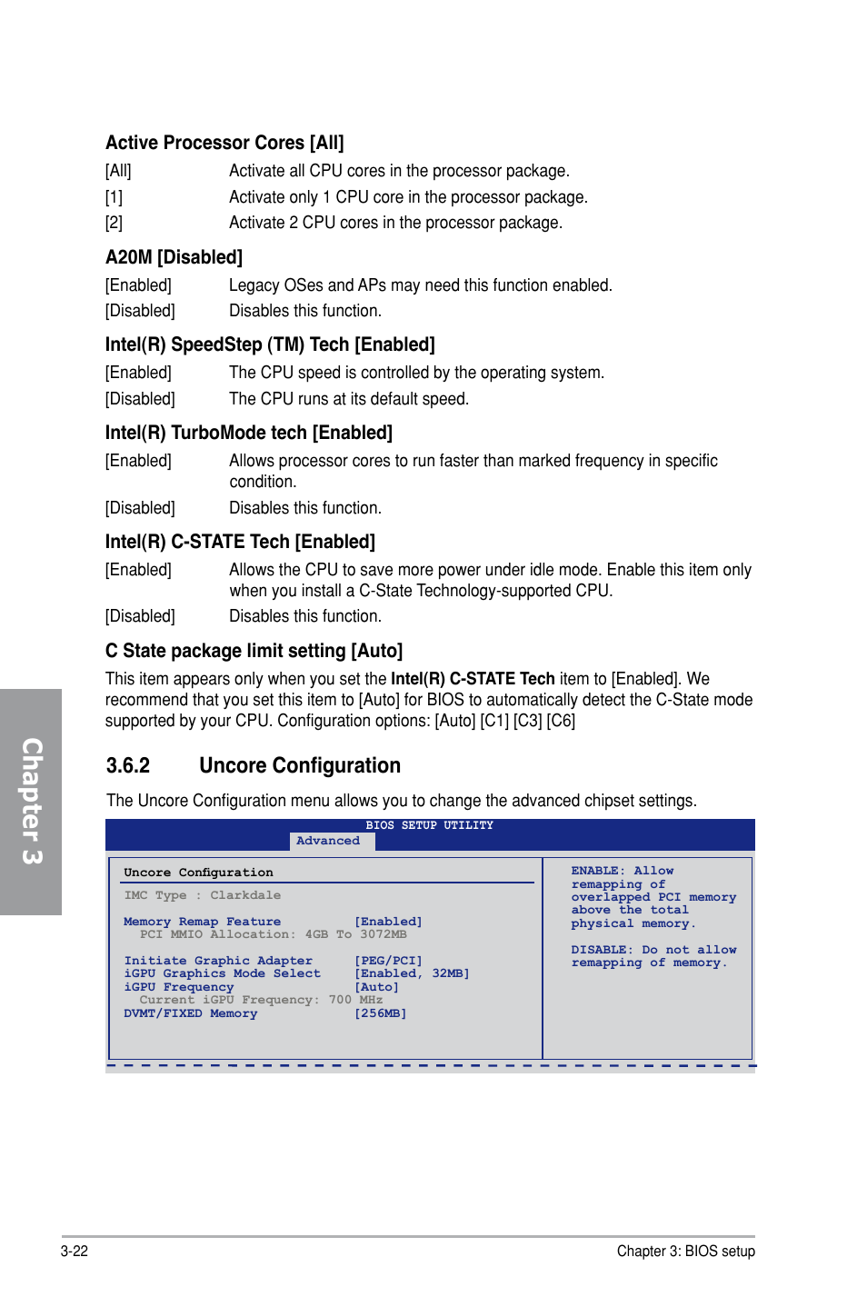 Chapter 3, 2 uncore configuration, Active processor cores [all | A20m [disabled, Intel(r) speedstep (tm) tech [enabled, Intel(r) turbomode tech [enabled, Intel(r) c-state tech [enabled, C state package limit setting [auto | Asus P7H55-M PRO User Manual | Page 76 / 104