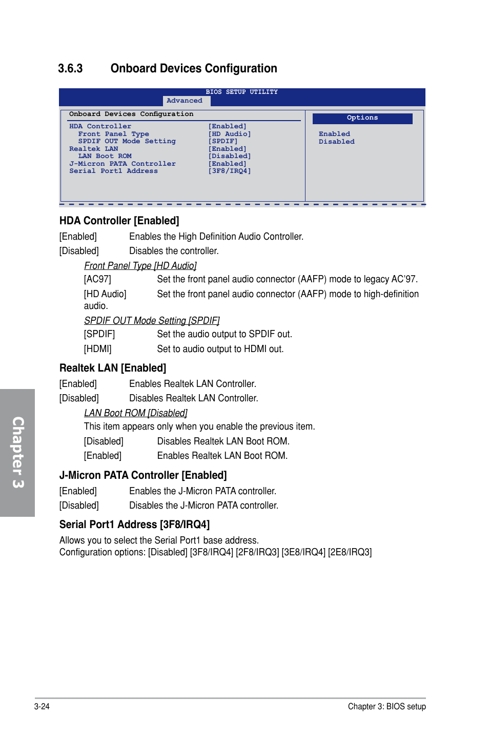 Chapter 3, 3 onboard devices configuration, Hda controller [enabled | Realtek lan [enabled, J-micron pata controller [enabled, Serial port1 address [3f8/irq4 | Asus P7H55-M PRO User Manual | Page 78 / 104