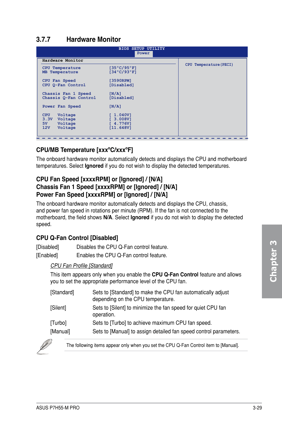 Chapter 3, 7 hardware monitor, Cpu/mb temperature [xxxºc/xxxºf | Cpu q-fan control [disabled | Asus P7H55-M PRO User Manual | Page 83 / 104